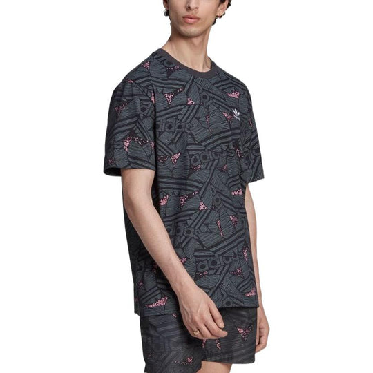Men's adidas originals Full Print Logo Round Neck Short Sleeve Black T-Shirt HK7361