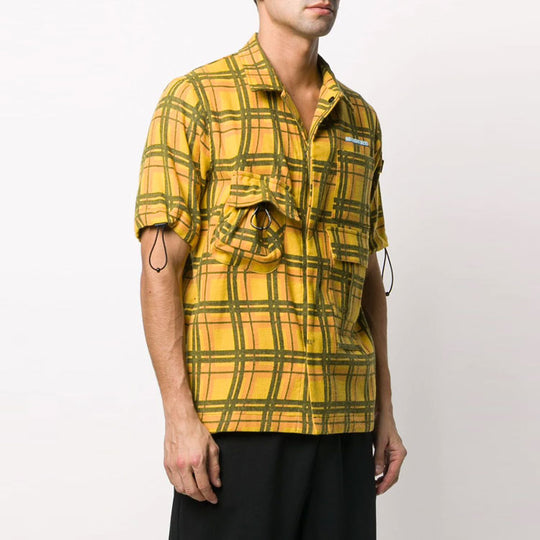 Men's OFF-WHITE Plaid Pocket Short Sleeve Shirt Version Yellow OMGA113S20H930206000 Shirt - KICKSCREW