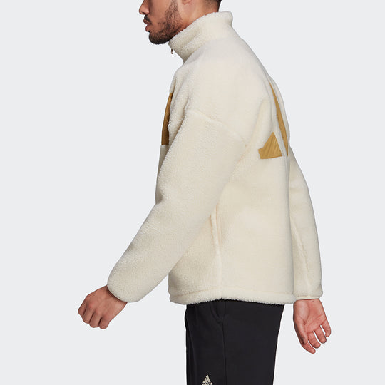 adidas Winter Jacket Colorblock Splicing Fleece Stay Warm logo Sports Stand Collar Creamy White HI1186