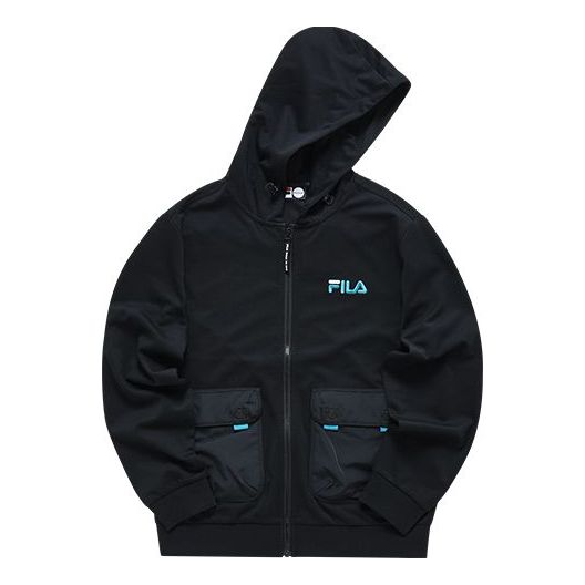 Men's FILA FUSION Big Pocket Splicing Logo Hooded Knit Jacket Dark Black T11M133501F-BK